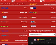 Das Bild zeigt die Vielen Bezahlweisen von Bitcoin bis MasterCard, die ihr über die App nutzen könnt.