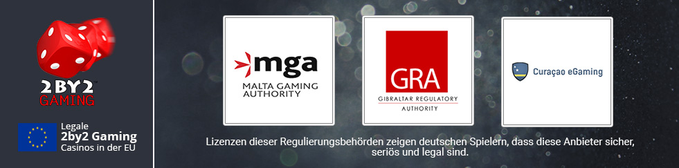Das Logo des Herstellers 2by2 Gaming und Logos der RegulierungsbehГ¶rden die deutschen Lizenzen erteilen.