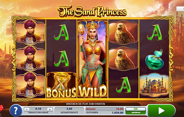 Der Spielbildschirm des Slots The Sand Princess.
