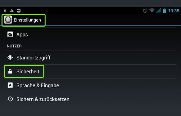 Geht in eurem Android Gerät in die Einstellungen in den Bereich der Sicherheit