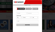 Schritt 1 von 3 beim Registrierungsformular von SCasino