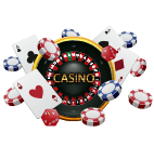 Ein Roulette Kessel mit dem Wort Casino. Drumherum sind Würfel, Jetons und Spielkarten.