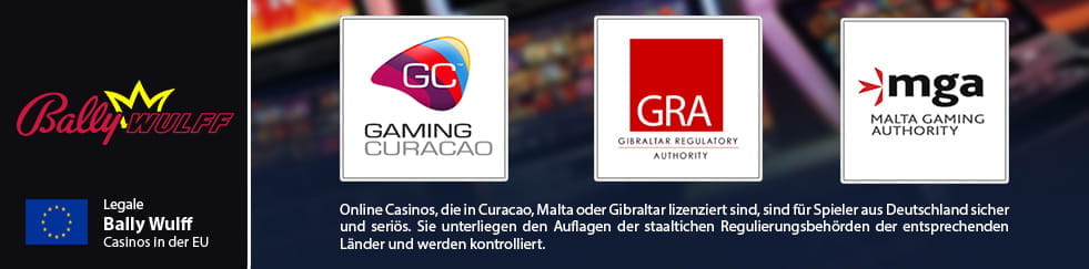 Unter der EU-Flagge befindet sich das Logo des Herstellers Bally Wulff sowie die Logos der RegulierungsbehГ¶rden von Malta, Gibraltar und Curacao.