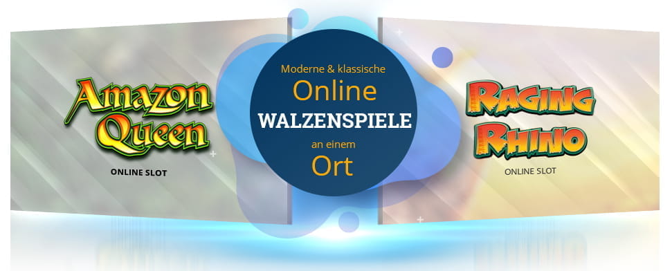 Die Logos der Online Slots Amazon Queen und Raging Dino des Herstellers Scientific Games.