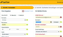 Anmeldeformular für das Betfair Casino