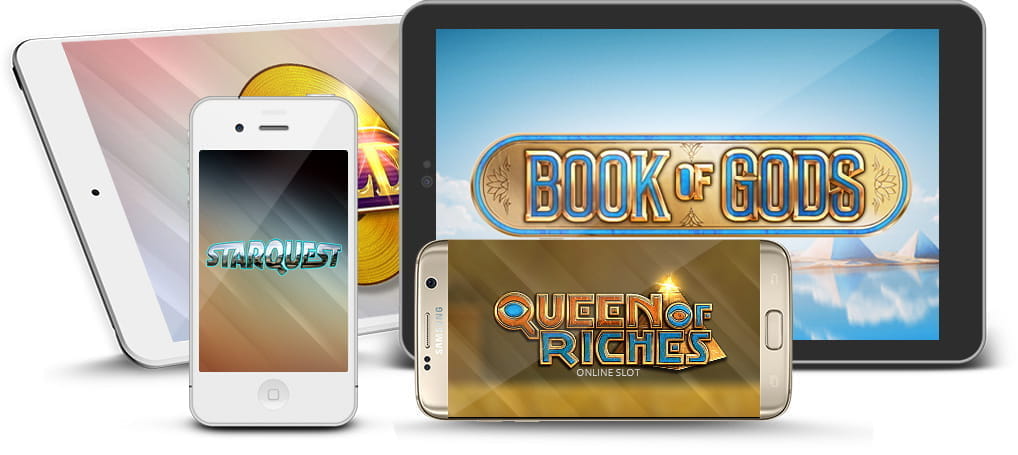 Auf den Smartphones und Tablet Bildschirmen wird eine Auswahl an Big Time Gaming Spielen dargestellt.