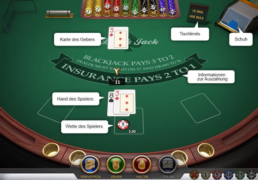 Der Aufbau eines Blackjack Tisches: Der Einsatz und die Hand des Spielers, die Hand des Dealers, das Tischlimit, der Shoe, und die Auszahlungsinformationen.