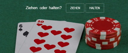 Die Casino Chips befinden sich neben einem Blackjack (Pik sechs und Herz zehn). Mit dem Text “Ziehen oder Halten” darüber.