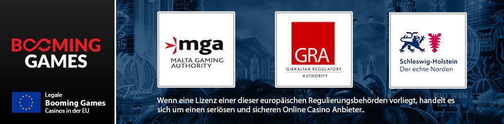 Die Lizenzen der Booming Games Casinos und die Logos der RegulierungsbehГ¶rden wie der Malta Gaming Authority.