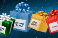 Geschenke mit den Aufschriften Reload Bonus, Free Spins und anderen.