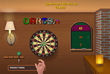 Das Bild zeigt das Arcade Game Darts, in dem auf virtuelle Würfe auf eine Darts-Zielscheibe gesetzt werden kann.