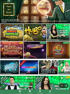 Das umfangreiche Spielangebot von Mr Green in der App.