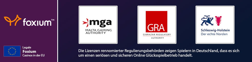 Logos anerkannter Glücksspielbehörden, die die Foxium Casinos regulieren.
