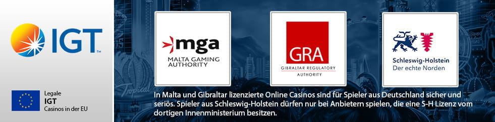 Die Logos der europГ¤ischen RegulierungsbehГ¶rden MGA, GRA und des Landes Schleswig-Holstein, die fГјr die deutschen Online Casinos die Lizenzen ausstellen.