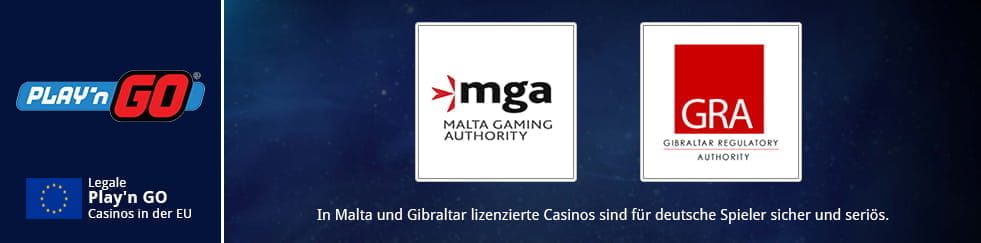 Die Grafik zeigt mit der MGA und der Gibraltar Regulatory Authority zwei europäische Lizenzierungsstellen für seriöse Online Casinos, in denen Play'n GO Spiele angeboten werden.