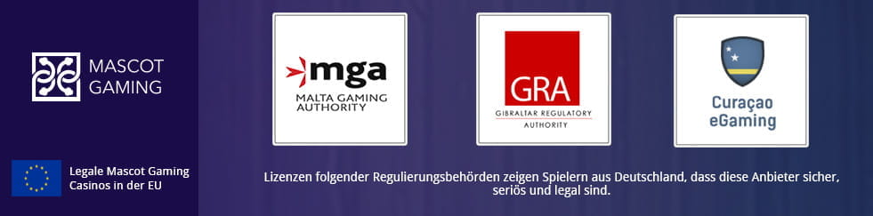 Eine Grafik zu Mascot Gaming Casinos in der EU mit den Logos Malta Gaming Authority, Gibraltar Regulatory Authority, und Curacao eGaming.