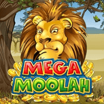 Das Logo des Mega Moolah Jackpot Slots von Microgaming.