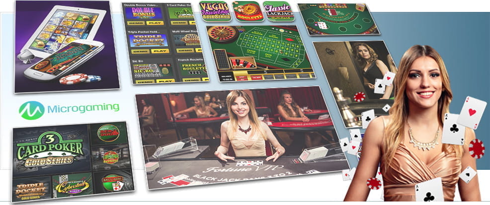 Eine Collage aus Tischspielen des Herstellers Microgaming: Roulette, Blackjack, Casino Poker und andere Kartenspiele