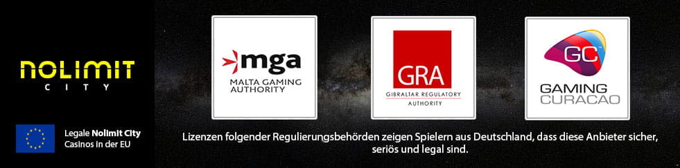 Das Logo des Herstellers Nolimit City und die Logos der RegulierungsbehГ¶rden die Lizenzen erteilen, die auch fГјr Deutschland gelten.