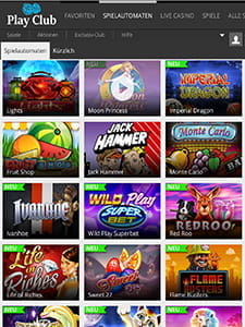 Die Spielauswahlseite der Play Club Casino App
