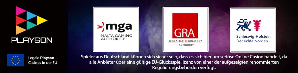 Das Playson Logo und die Logos der europГ¤ischen GlГјcksspielbehГ¶rden, deren Lizenzen auch fГјr Deutschland gelten.