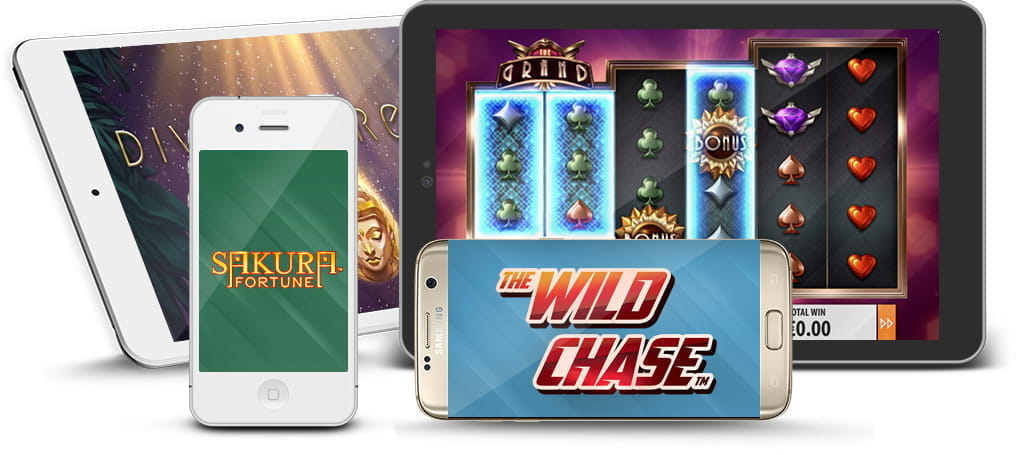 Eine Auswahl an Quickspin Spielen, die auf den Bildschirmen von Smartphones und Tablets dargestellt werden.