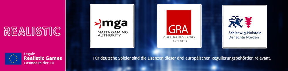 Infografik mit den Logos der wichtigsten europäischen Glücksspiel Regulierungsbehörden Malta Gaming Authority, Gibraltar Regulatory Authority und das Innenministerium von Schleswig-Holstein.