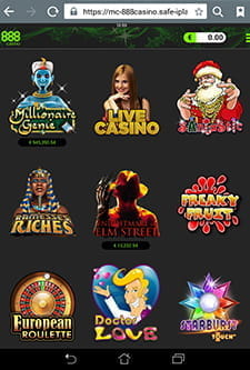 So sieht die Spielauswahl in der 888 mobile Lobby aus