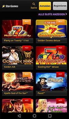Die Spielauswahl des StarGames Casino in der Web-App.