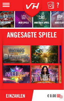 Das Bild zeigt die Spielauswahl im Vegas Hero Online Casino auf einem Handy.