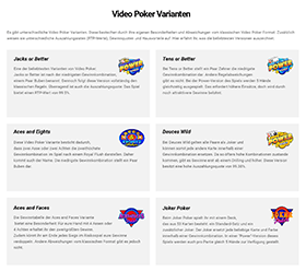 Übersicht der bekanntesten Video Poker Varianten.