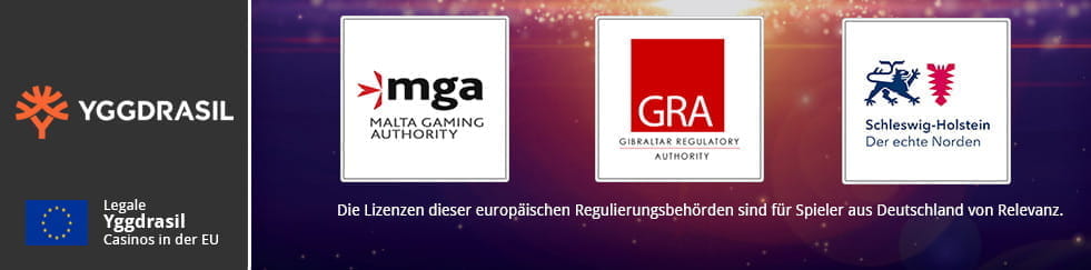 Diese Infografik zeigt die Regulierungsbehörden in der EU, die die Yggdrasil Casinos kontrollieren. Zu den Behörden zählen neben der Malta Gaming Authority, die Gibraltar Regulatory Authority sowie das Innenministerium von Schleswig-Holstein.
