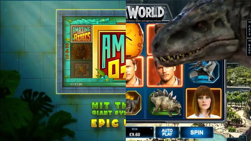 Eine Fotomontage der Microgaming-Onlineslots „Amazing Aztecs“ und „Jurassic World“