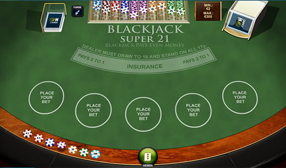 Der Spieltisch von Blackjack Super 21 vom Software Hersteller Playtech.