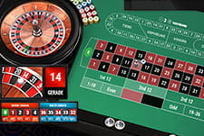 Das Bild zeigt das Tischspiel European Roulette. Auf einem kleineren Bild sieht man die Roulette Kugel in Bewegung.