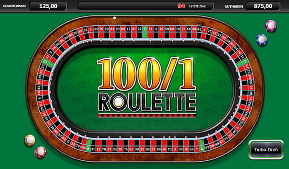 Das Spielfeld ist beim 100/1 Roulette deutlich größer, da es mehr Zahlenfelder gibt. Darüber ist der ebenfalles größere Kessel zu sehen.