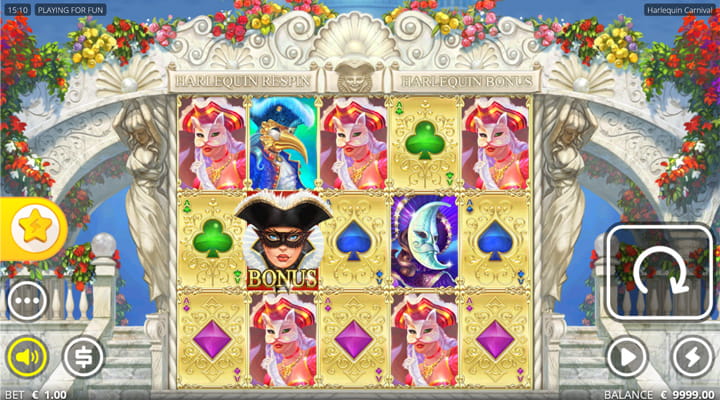 Eine kostenlose Demo-Version des Harlequin Carnival Slots.