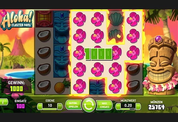 Ein Gewinn in Höhe von 1000 bei Aloha! Cluster Pays Slot, einem Automatenspiel des Herstellers NetEnt. 15 Blütensymbole sind miteinander verbunden. Im Hintergrund sind ein Vulkan sowie eine hawaiianische Holzstatue abgebildet.