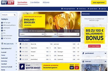 Screenshot der Skybet Homepage