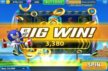 Screenshot von Sega Slots mit jubelndem Sonic