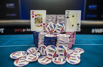 Chips on a poker table.