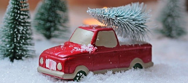 Auto mit Tannenbaum zur Weihnachten.