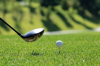 Ein Golfschläger und ein Golfball auf dem Spielfeld.